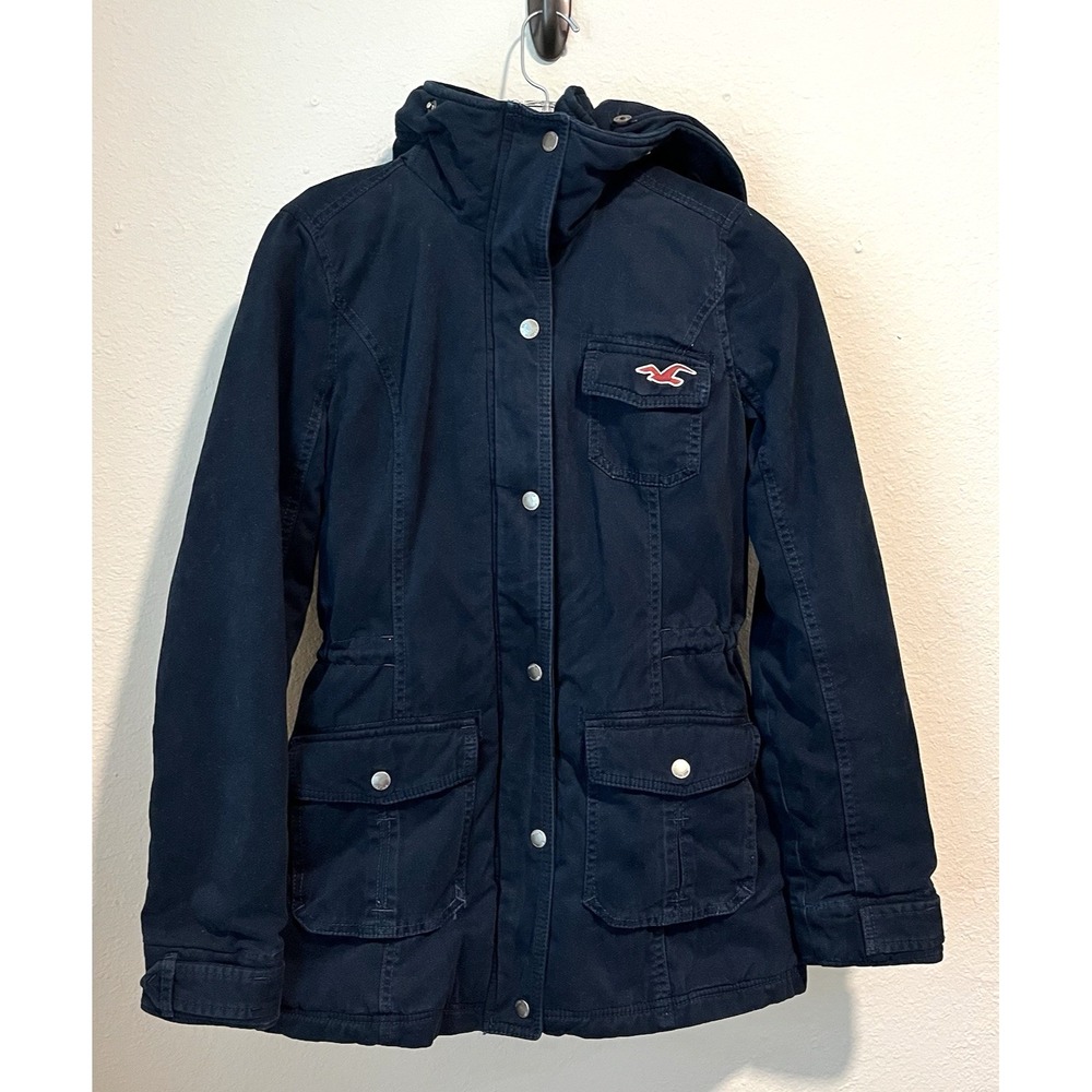Hollister Jacket Womens M Navy Blue Hooded Parka Cinch Waist Y2k Sherpa Lined